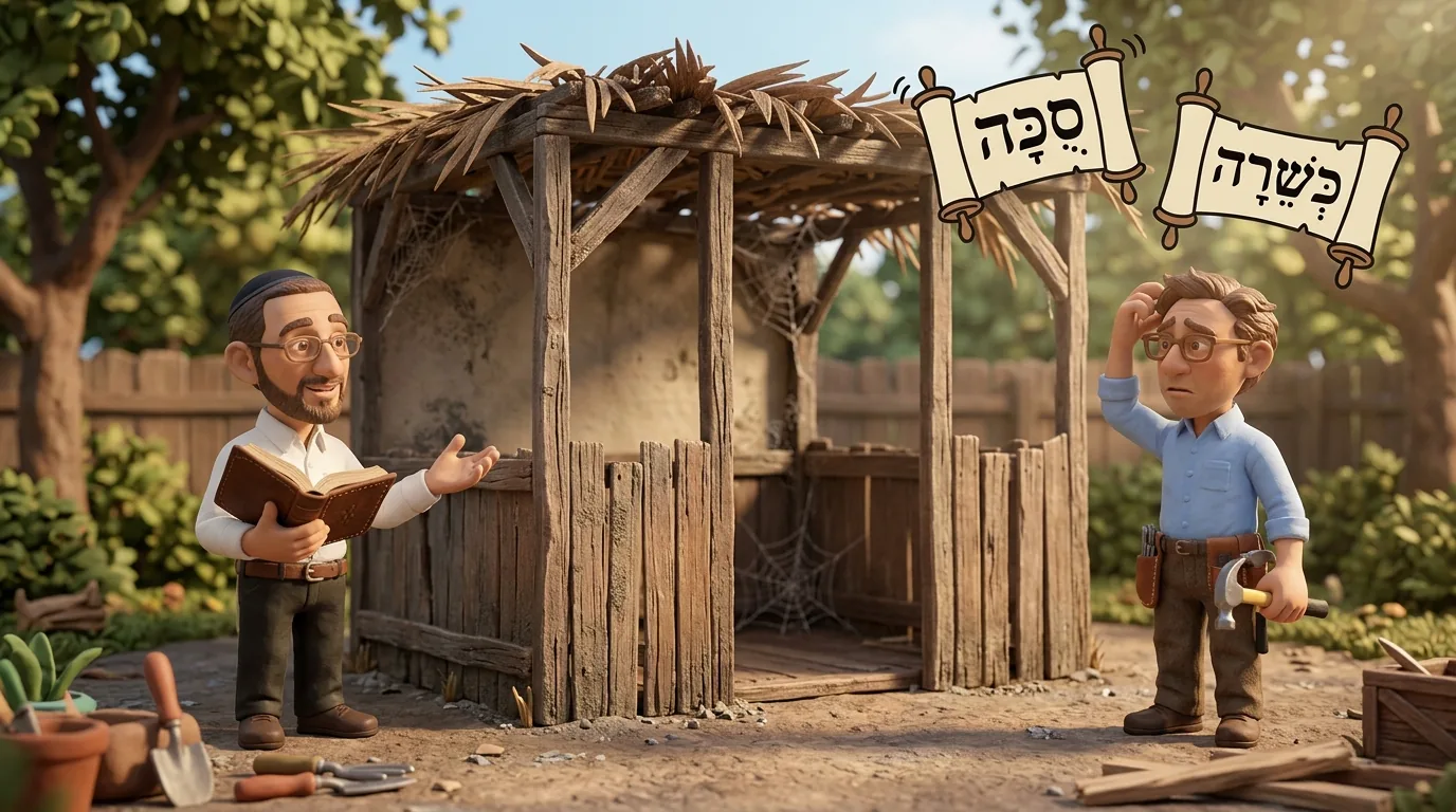 Rabbi Dan holds a sefer beside a battered, cobweb-covered sukkah while Mr. Builder scratches his head holding a hammer