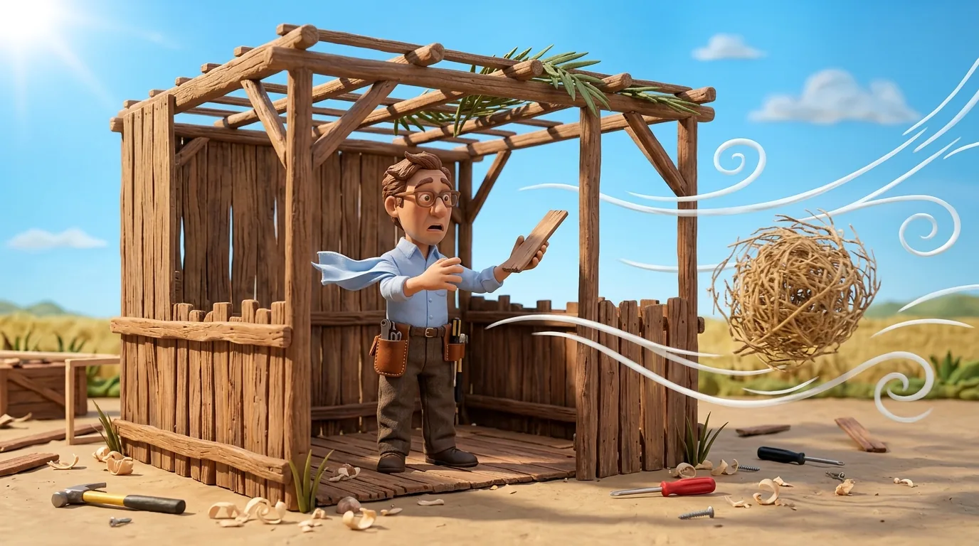 Mr. Builder in a desert wind, tumbleweed blowing past, beside a fragile sukkah structure