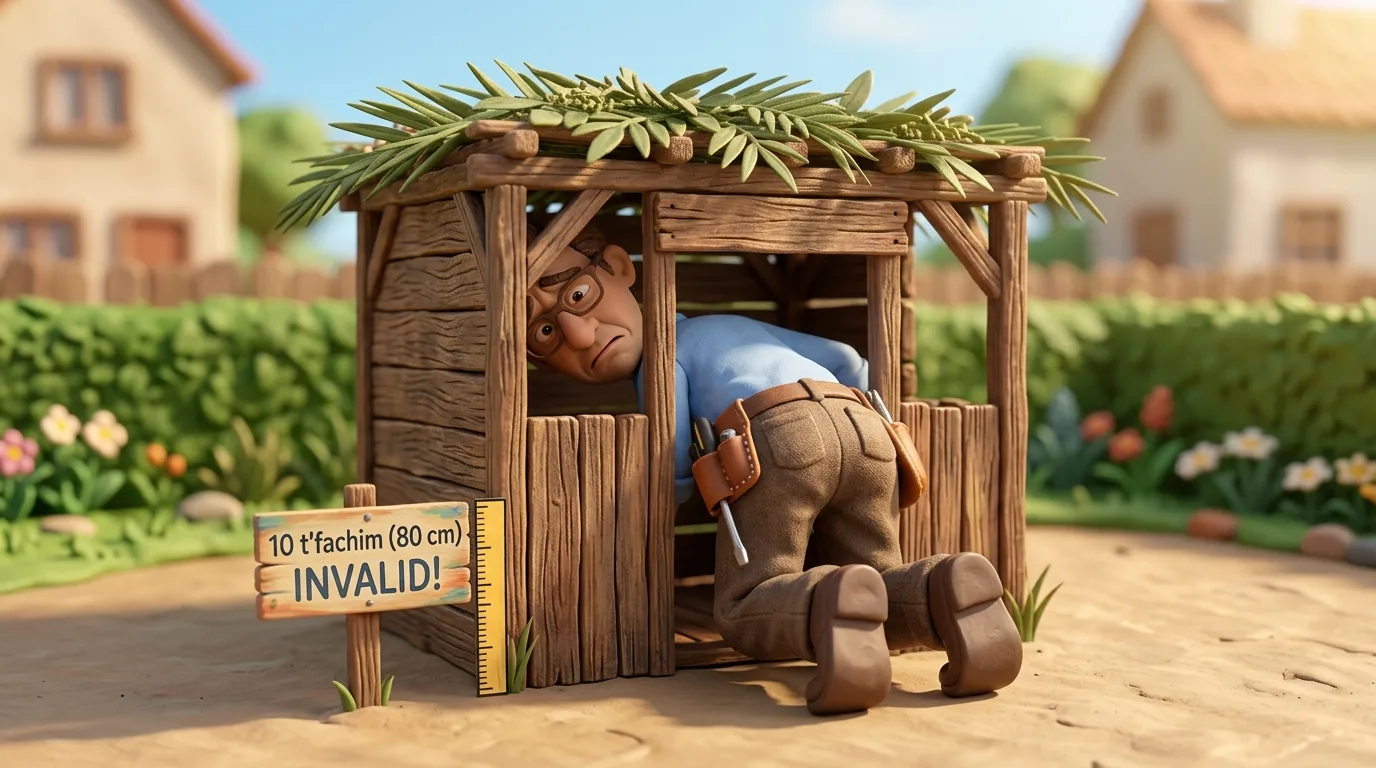 A claymation builder inside a sukkah shorter than 10 t'fachim, the height the Mishnah declares invalid.