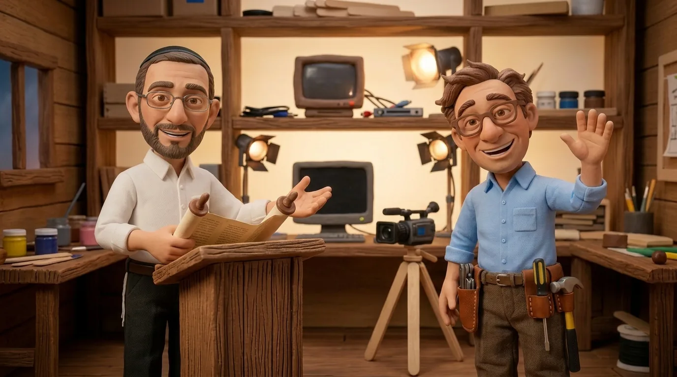 Rabbi Dan welcomes Mr. Builder onto a clay-puppet studio set with vintage cameras and warm lighting