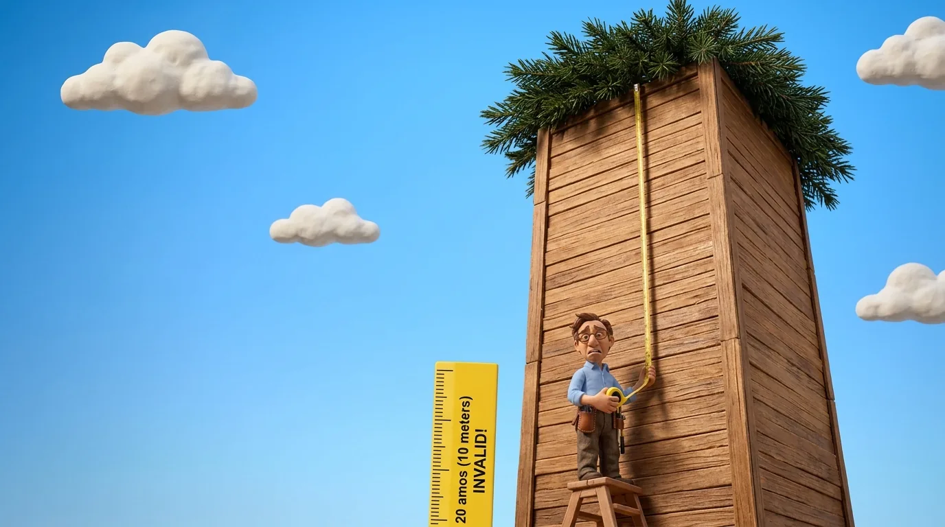 A towering sukkah marked '20 amos / 10 meters INVALID' on a measuring ruler — illustrating the upper height limit