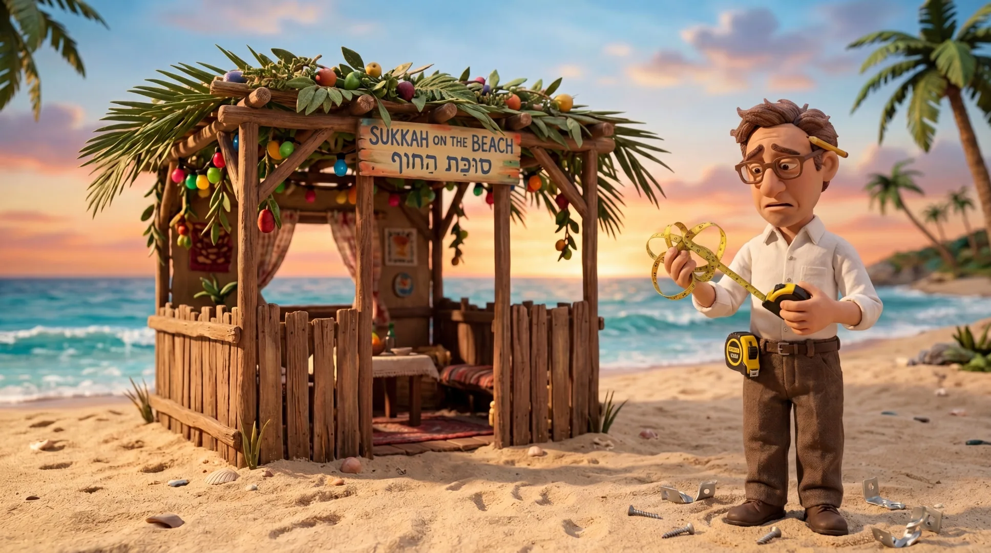 A stop-motion sukkah scene in warm afternoon light