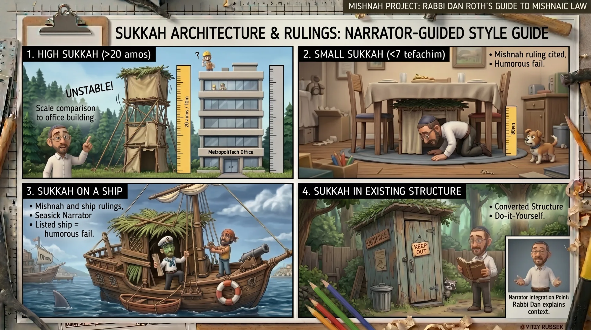 Visual style guide for the Mishnah series: high sukkah, small sukkah, sukkah on a ship, and an existing structure adapted into a sukkah