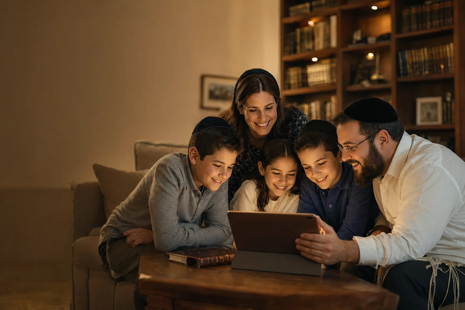 A Jewish family watching Torah Live together at home